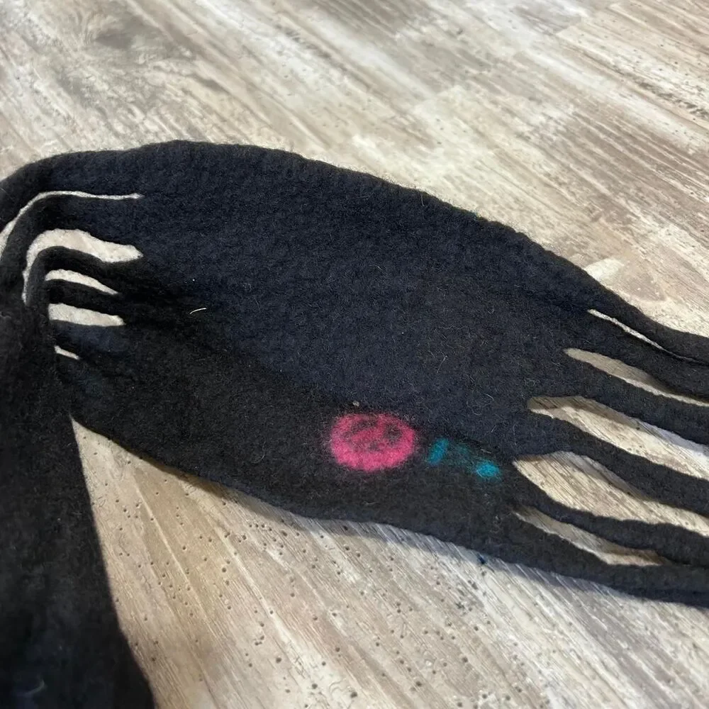 Handmade boho, avant-garde artisan felted scarf with patchwork design and fringe